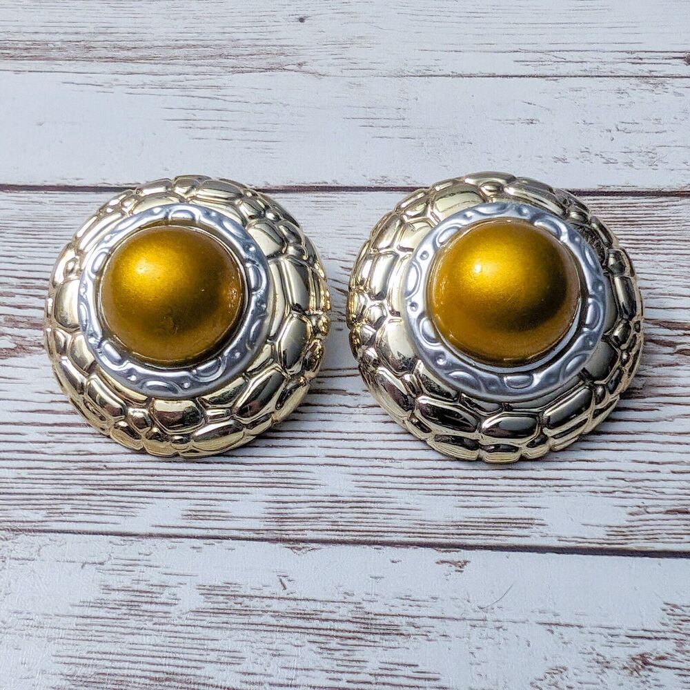 Vintage Clip On Earrings Gold/Silver Tone/Metallic Yellow Statement Large